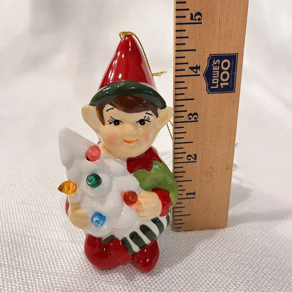 Hand-Painted Ceramic Elf w/ Christmas Tree Light-Up‎ Ornament by Merry Moments